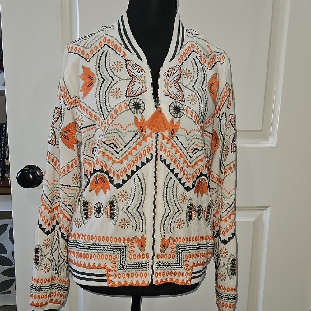 Lovestitch Vibrant Orange and Cream Embroidered Bomber Jacket